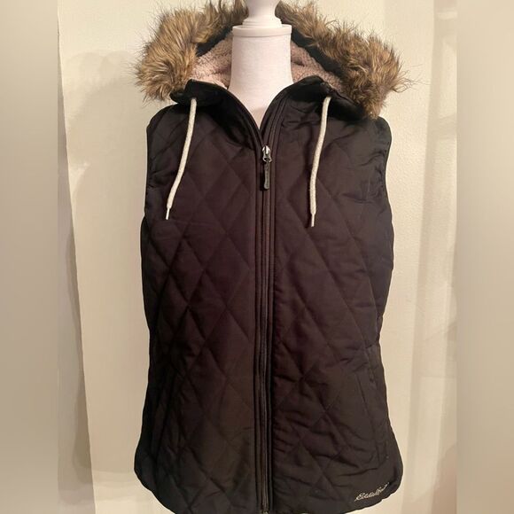 Eddie Bauer quilted vest jacket women Hooded Fleece Liner Insulated Sz L - Picture 1 of 9